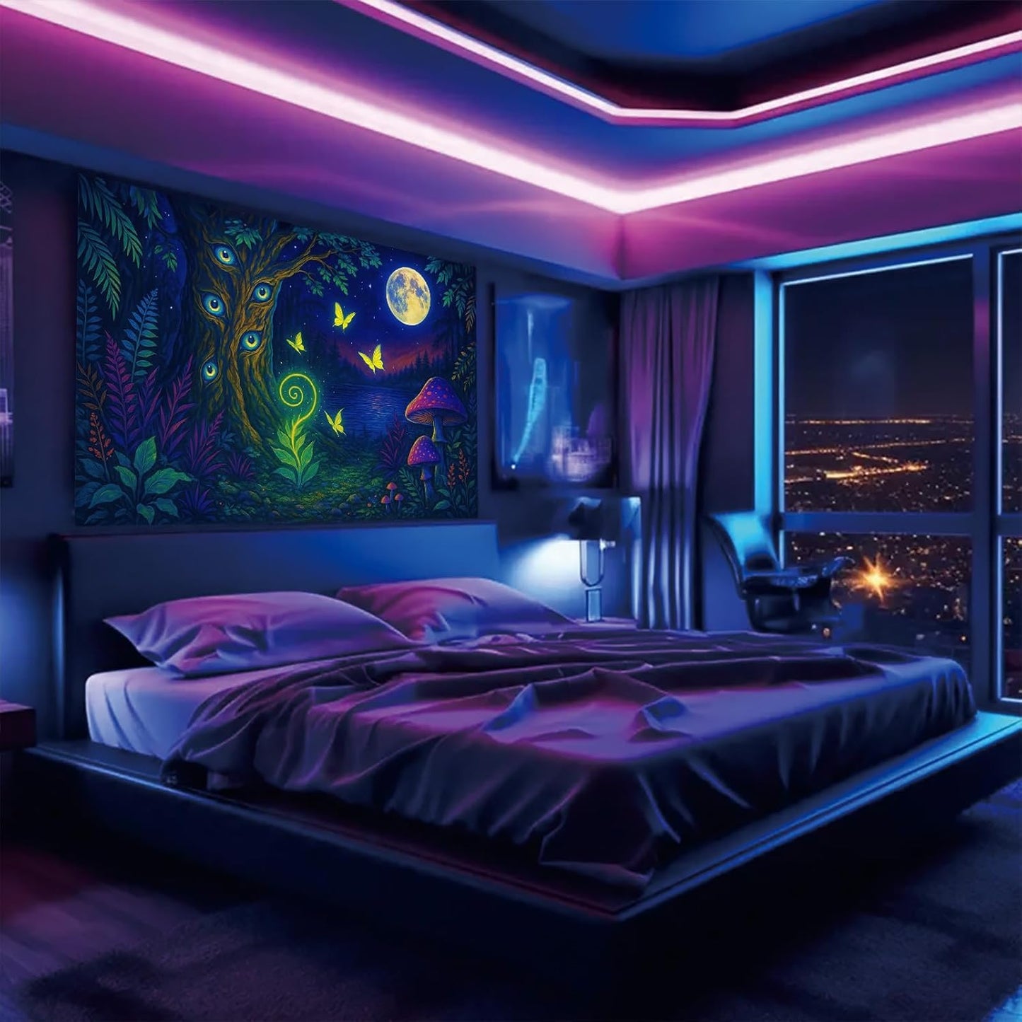 Starlit Patio Fantasy Forest Blacklight Tapestry UV Reactive Wall Hanging Glowing Tree Eyes Butterflies Mushrooms Moon for Bedroom Dorm Living Room Psychedelic Nature Decor Fluorescent Poster 78 x 59 Inch