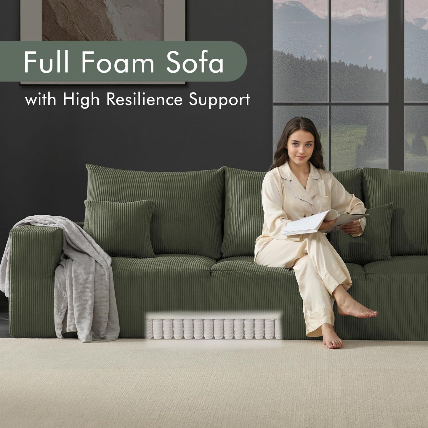 Boneless Sectional Cloud Couch Sofa for Living Room, 112" L-Shaped Modular Modern Lounge Sleeper Green Couches with Chaise, No Assemble, Cordury Compression Upholstered Sofas