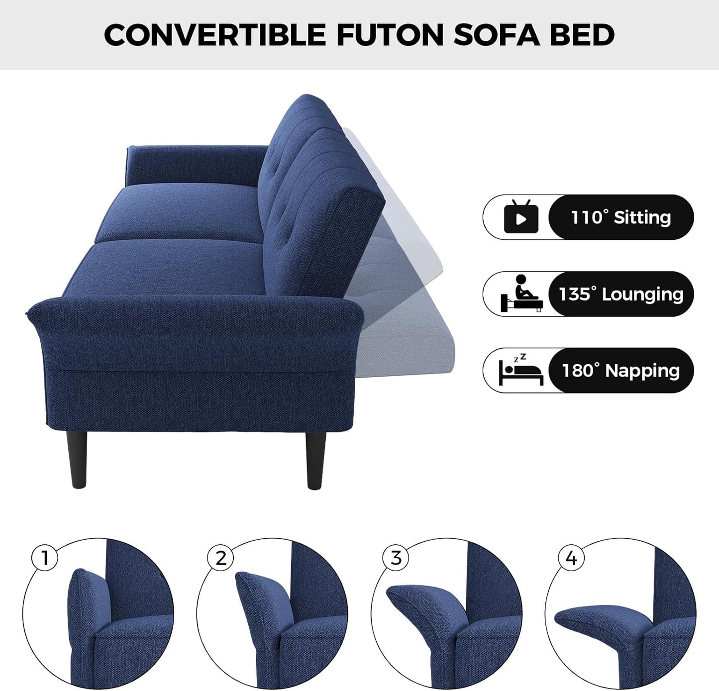 89” Futon Sofa Bed, Linen Comfy Futon Couch Bed with 2 Square Pillows, Convertible Sleeper Sofa with Adjustable Backrest& Armrests, Modern Loveseat Sleeper for Living Room, Bedroom, Blue