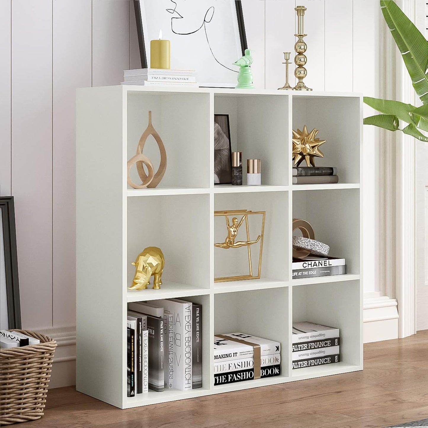 9-Cube Storage Shelf Bookcase - Wooden 3-Tier Floor Standing Open Bookshelf for Home and Office, Display Cabinet, Warm White