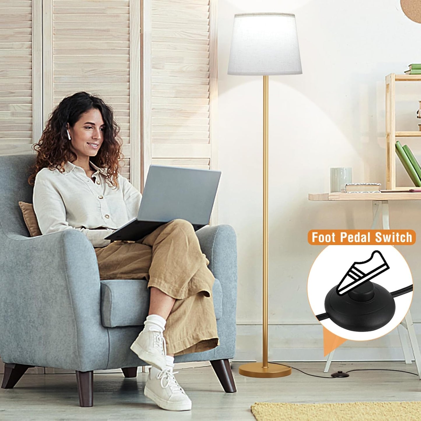 【Upgraded Floor Lamps for Living Room, Modern Floor Lamp with Remote Control, Dimmable Colors Temperature Standing Lamp Foot Switch, 9W Bulb Tall Lamps for Bedroom Office Kid Room - Gold