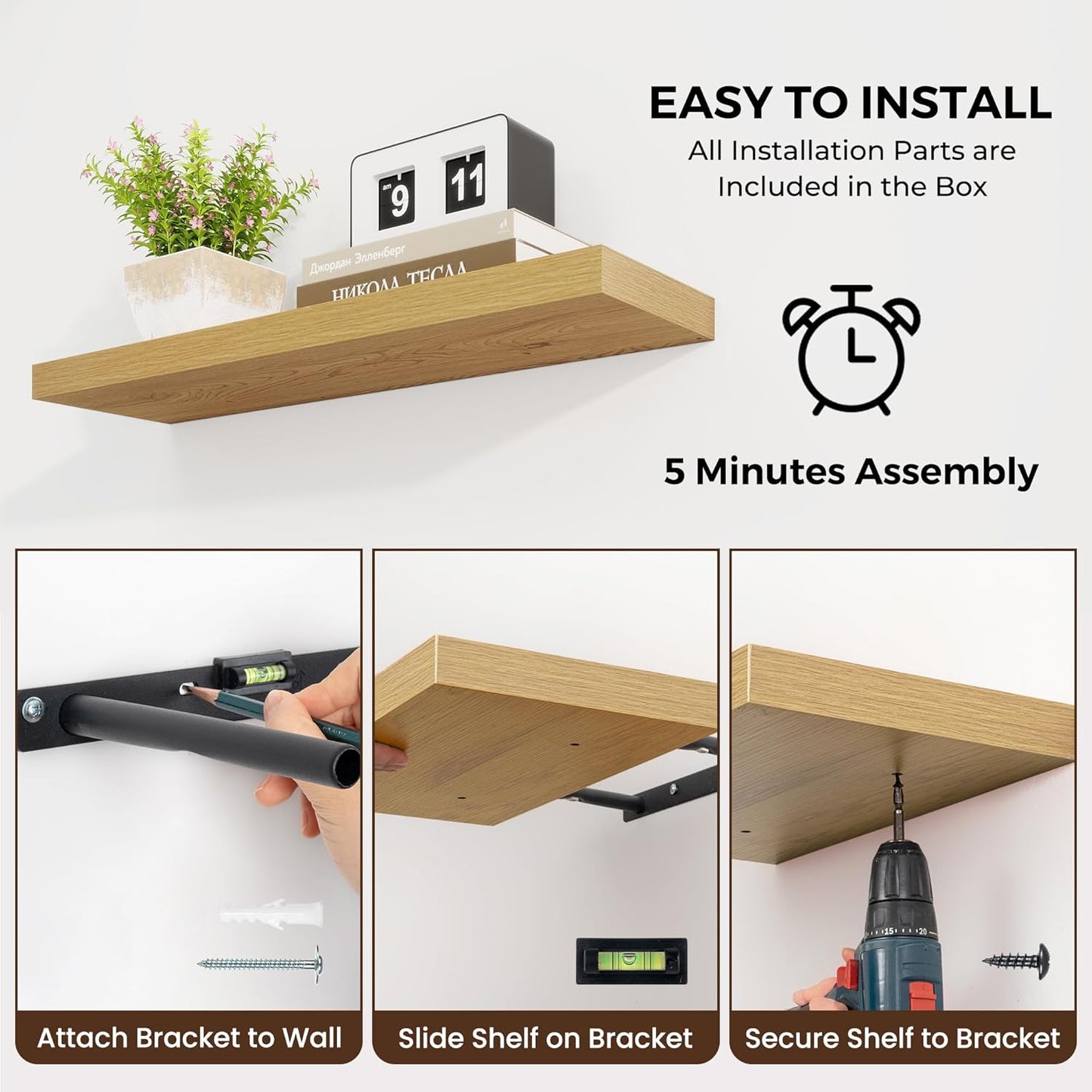 36 inch Floating Shelves Wall Shelves for Office with Invisible Brackets, 8 inch Deep Shelves for Bathroom, Living Room, Kitchen, Office, 36x7.9 inch deep Set of 2, Oak