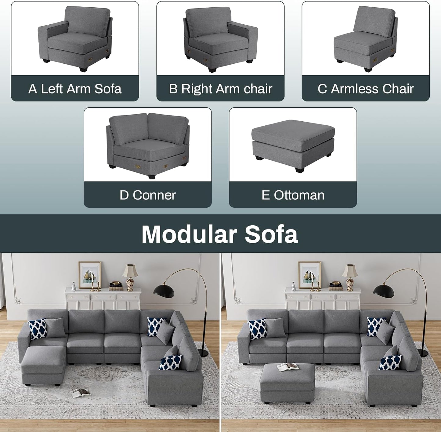 L Lengend Vansen Modular Sectional Sofa U Shaped Couch with Ottoman Modern Reversible Corner Sectional Couch for Living Room (Dark Grey, U Shaped Sofa-2)