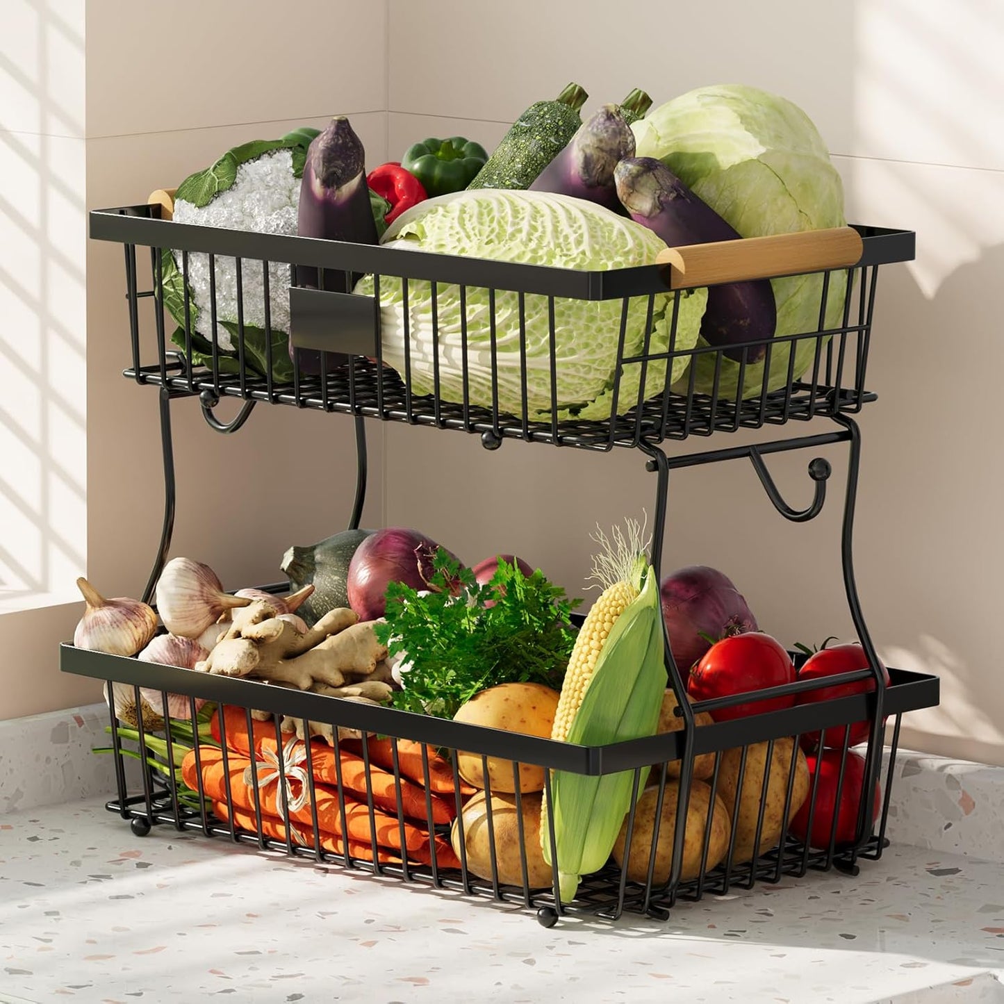 2 Tier Fruit Basket for Kitchen Counter with 2 Banana Hangers, Countertop Metal Fruit Bowl with Wooden Handle, Large Storage Stand for Vegetables, Snacks, Breads, Produce Storage – Black