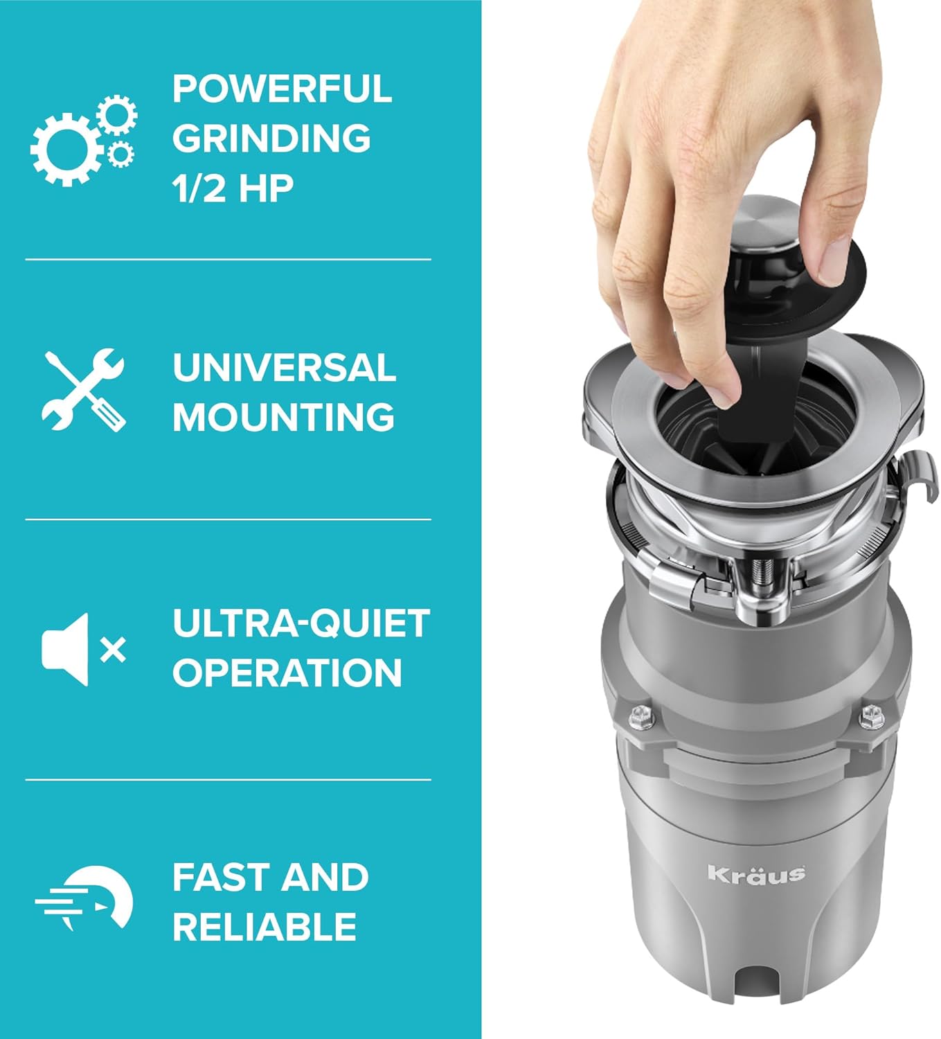 KRAUS® WasteGuard™ High-Speed 1/2 HP Continuous Feed Ultra-Quiet Motor Garbage Disposal with Power Cord and Flange Included and Universal Mount