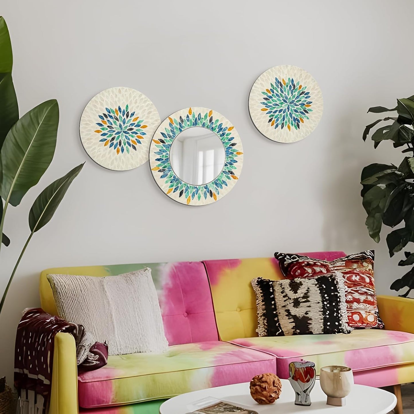 TEIPAI Jewel-Tone Mother of Pearl Mirror Wall Decor for Living Room, 3PCS Handmade Round Wall Art for Home Guest Room Decoration, Unique Mosaic Art Gift for Birthday Wedding Housewarming (Colored)