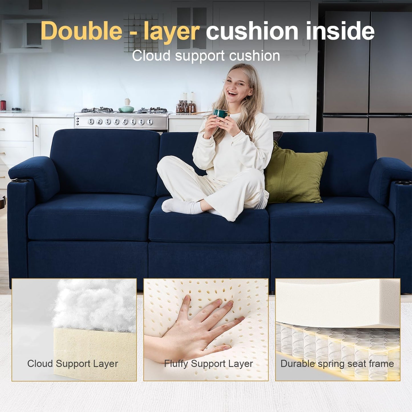 Modular Sectional Sofa Couch for Living Room Velvet Cloud Couches Oversized U Shaped Convertible Sleeper Sofa Chaise Detachable Armrest Cushion Cup Holder (Blue, 8 Seats)