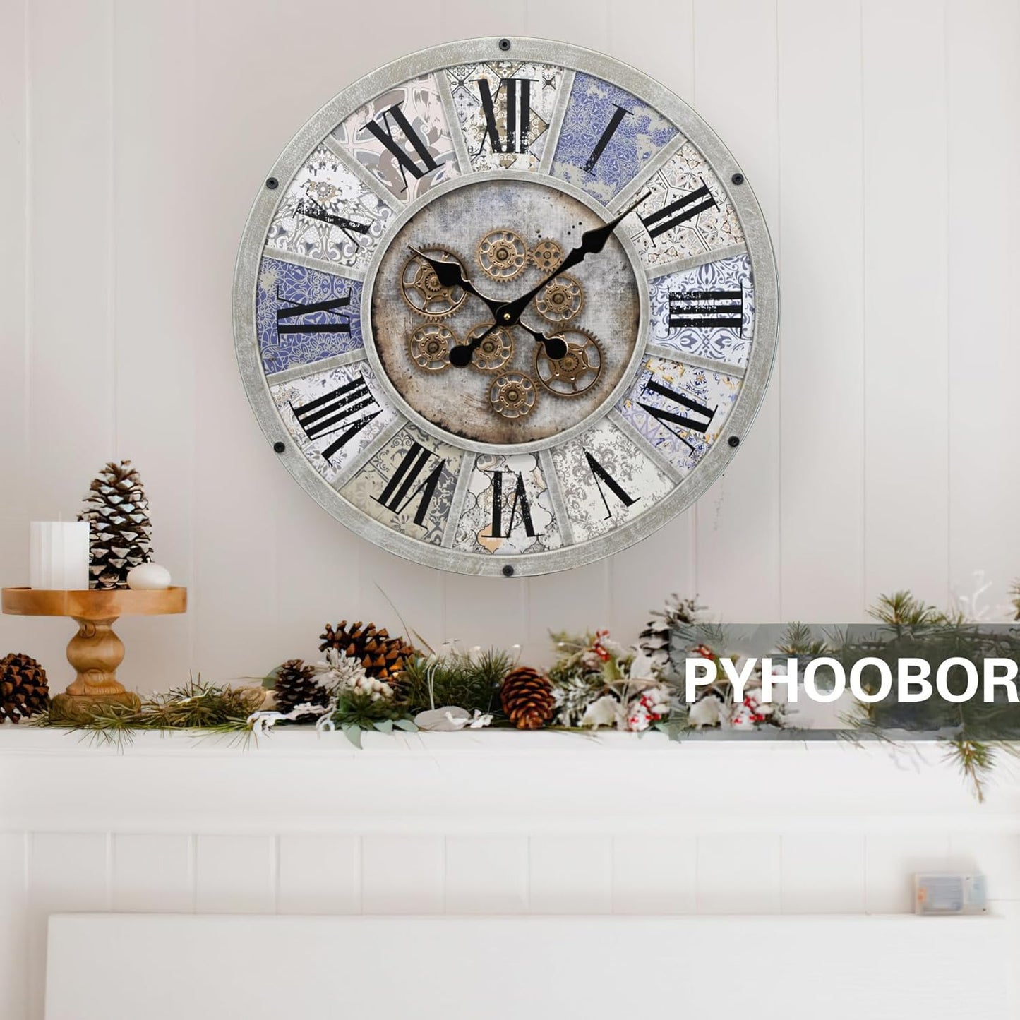 Unique Moving Gear Large Wall Clock 21inch-Battery Powered. Retro Industrial Steampunk Country Farmhouse Decor for The Living Room Kitchen Bars cafes Offices(whith/metal/21)