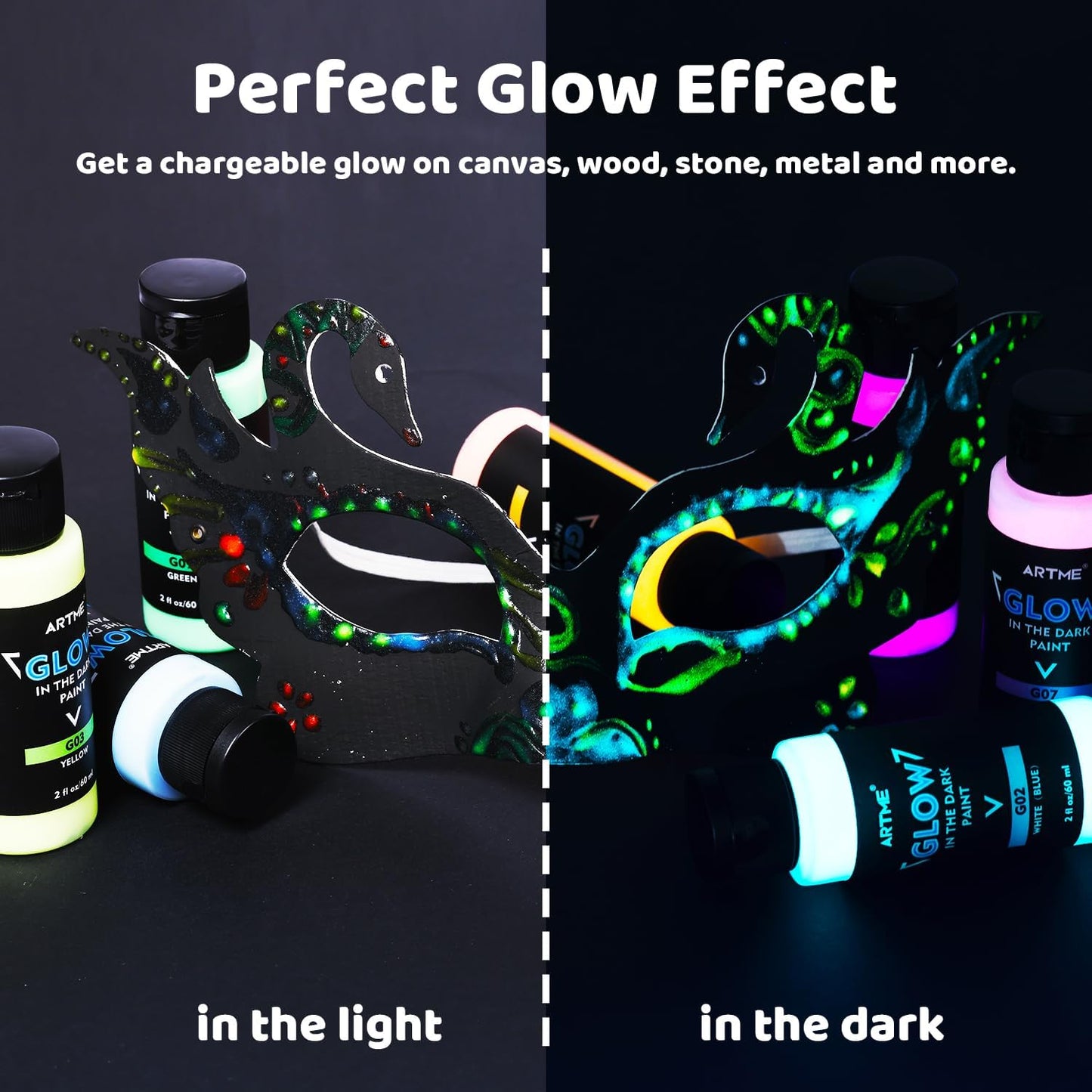 ARTME Glow in The Dark Paint, 10 Bright Colors 60ml/2oz Blacklight Paint Set, Neon Craft Paint, Acrylic Glow Fluorescent Paint Perfect for Art Painting, DIY projects, Halloween and Christmas Decoration