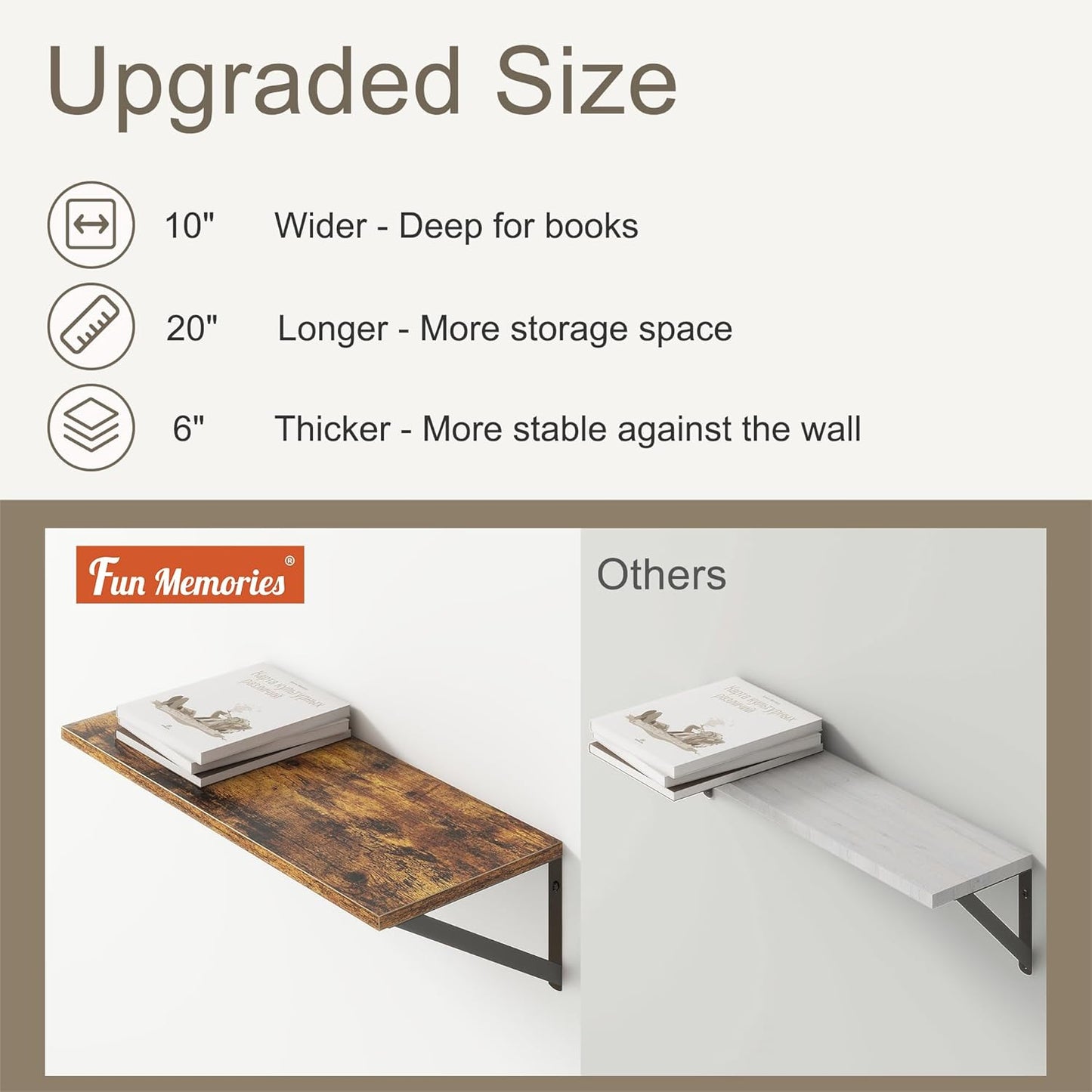 Fun Memories 20 Inch Floating Shelves, Deep Wall Shelves for Kitchen, 20 x 10 Floating Shelf for Living Room, Bedroom, Farmhouse Floating Shelves for Home Decor Storage, Rustic Brown, Set of 2