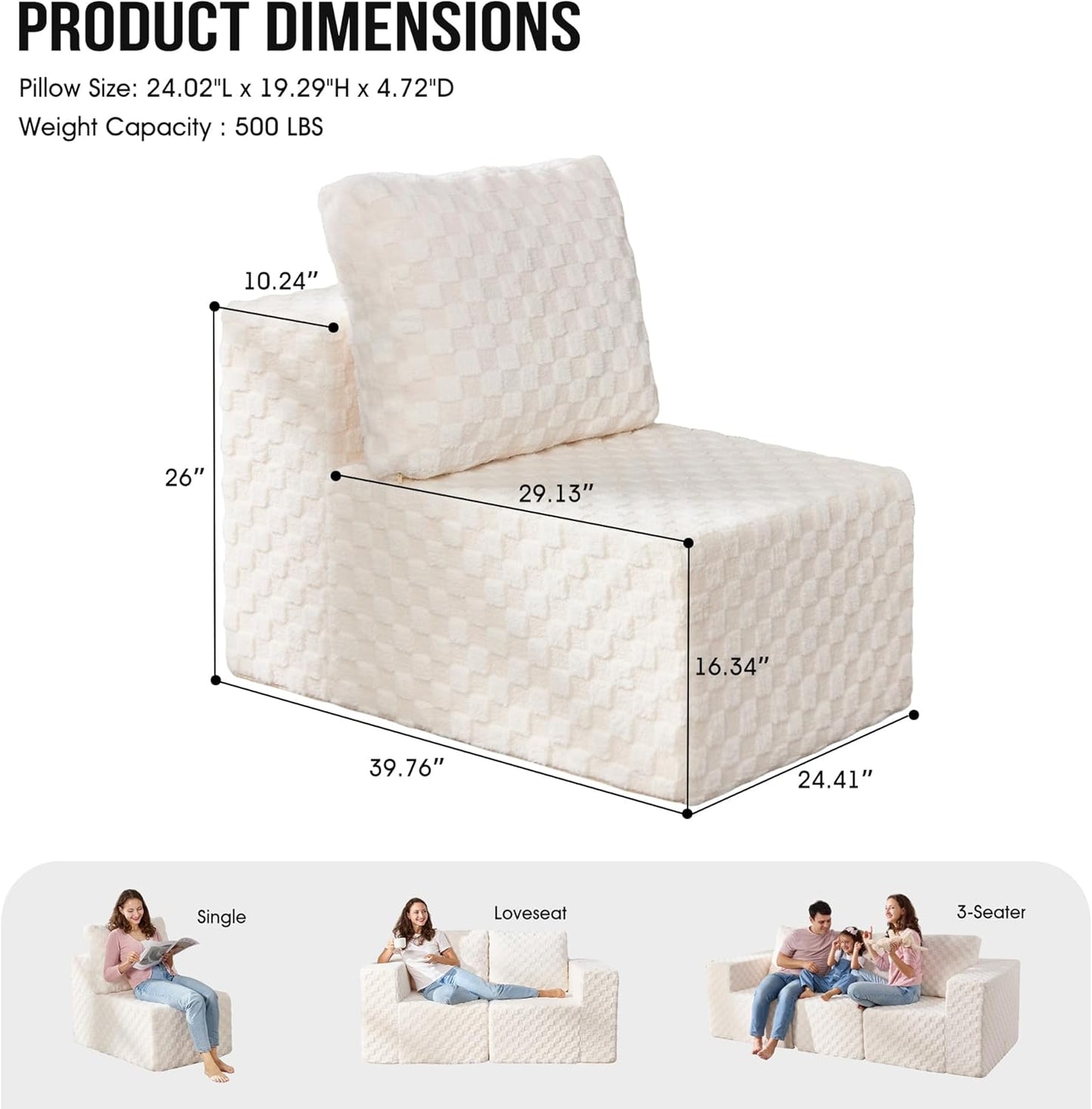 Single Sofa 1 Seat Couch with Deep Seat Memory Foam Cloud Chair with Pillows Large Sofa with L Shape for Living Room Bedroom (Plush White, Single)