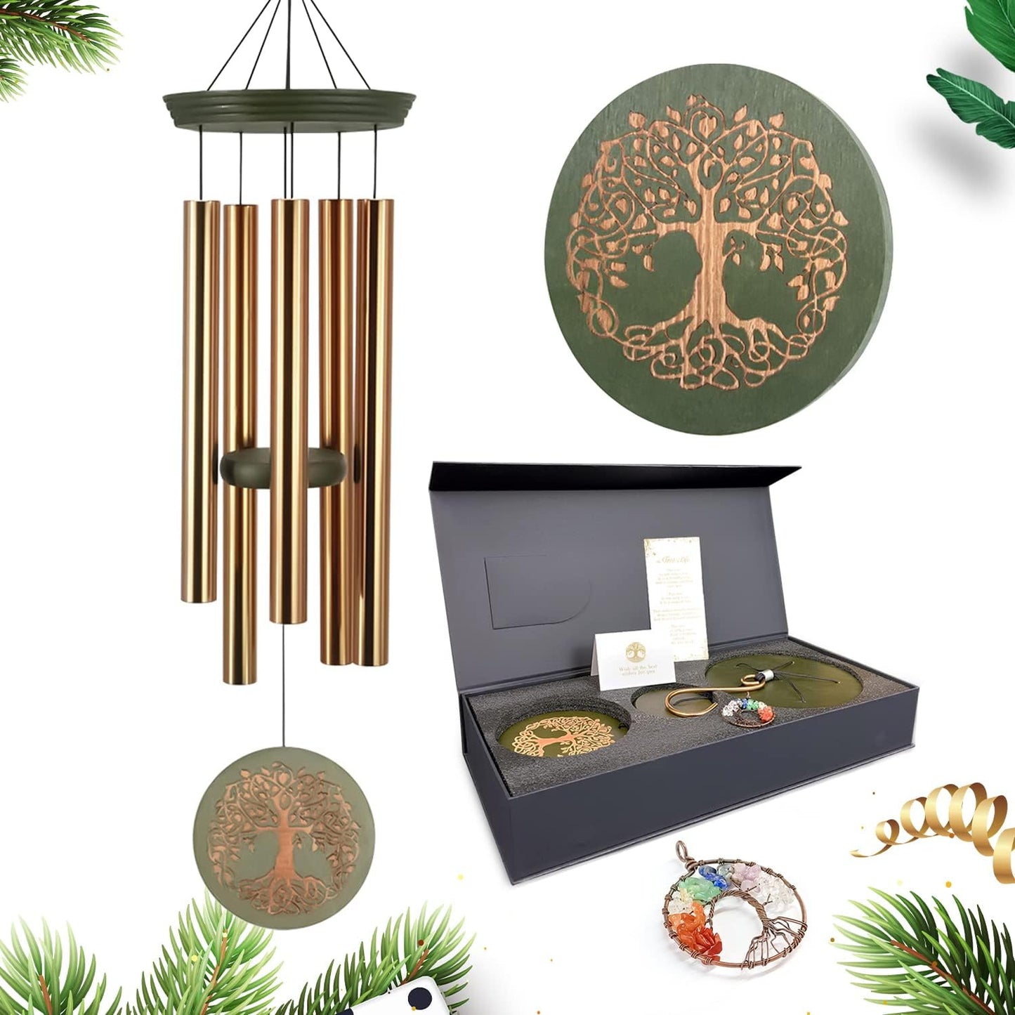 Gifts for Mom & Grandma - Outdoor Wind Chimes with Engraved Tree of Life, Large Patio Hanging Decor for Garden, Yard, Christmas, Anniversary Celebrations