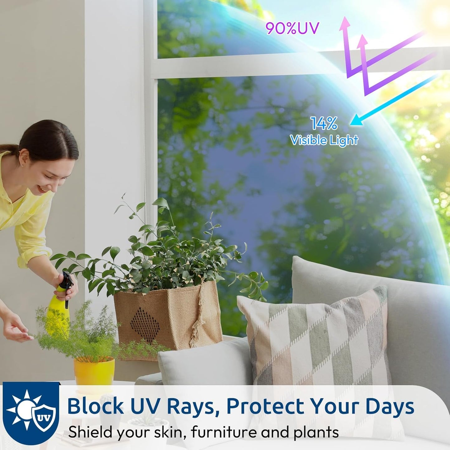 rabbitgoo Window Privacy Film One Way Window Tint for Home, Removable Reflective Heat Sun Blocking Anti UV Glass Door Covering, Mirror Tinting Film House Office, 23.6 in X 9.8 Feet, Blue Silver