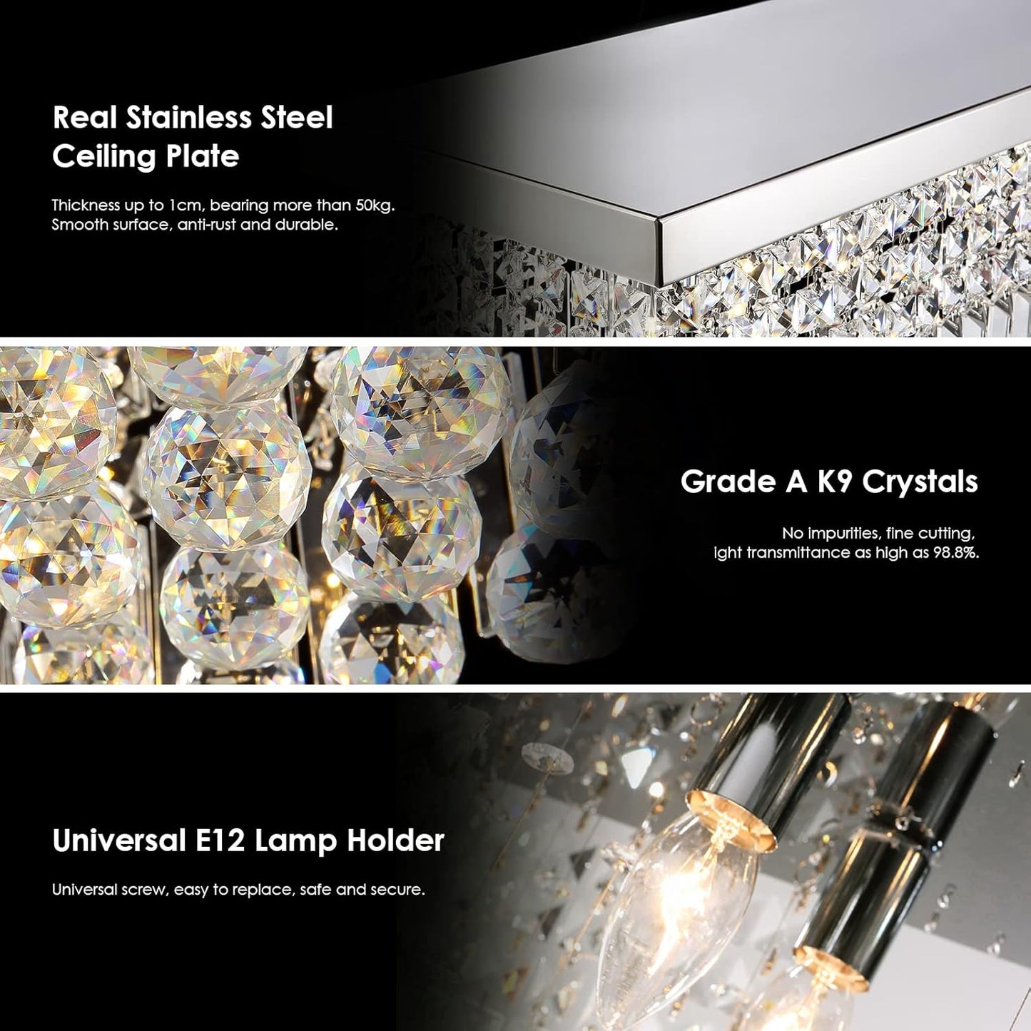 Siljoy Modern Crystal Chandelier 6-Lights Rectangular Flush Mount Pendant Ceiling Light Fixture Rectangle K9 Crystal Raindrop Chandelier for Dining Living Room Kitchen Island L31.5'' x W10'' x H10'