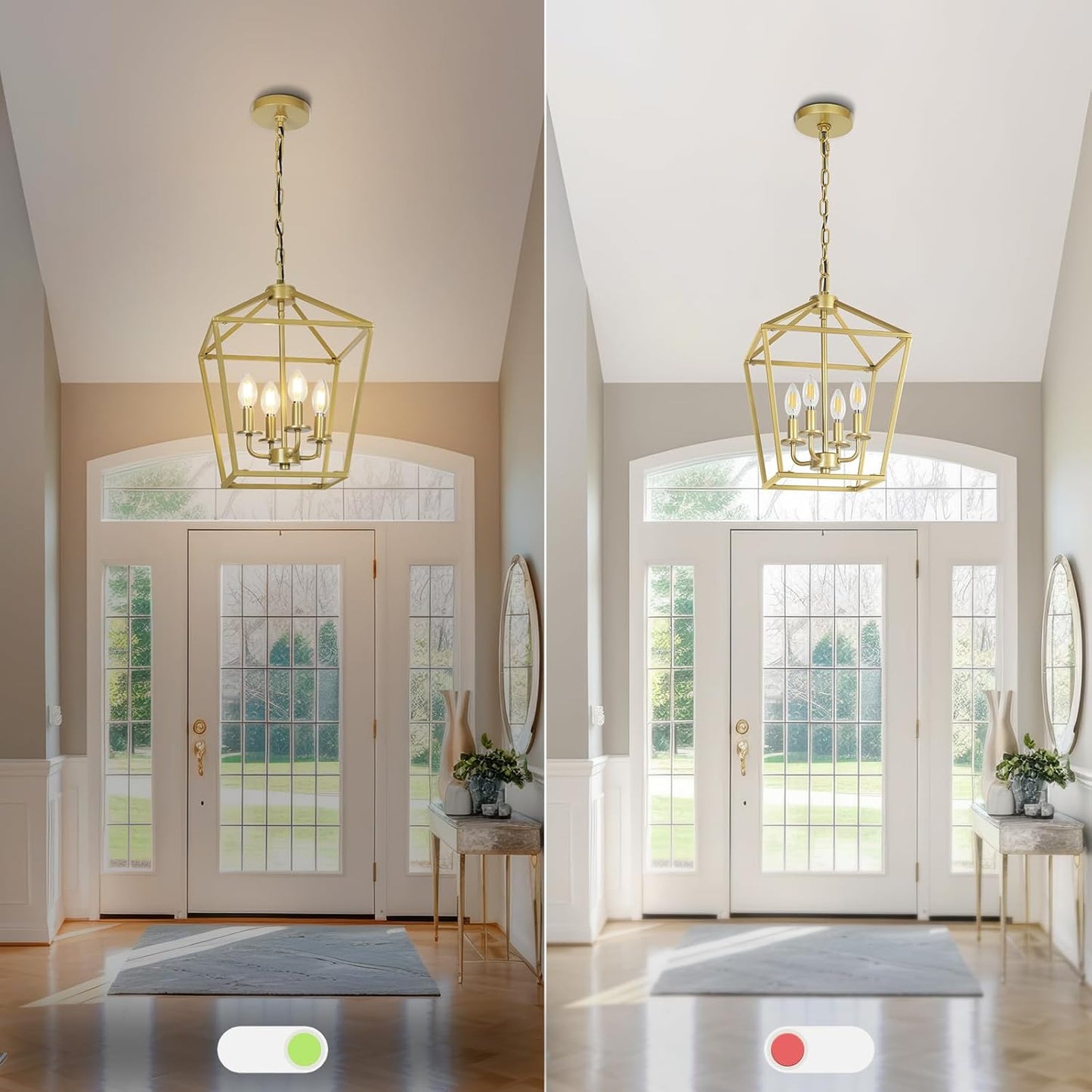 4 Light Gold Chandelier, Industrial Ceiling Light Lantern Light Fixtures with Farmhouse Metal Cage Adjustable Height Rustic Geometric Hanging Light E12 Base for Kitchen Island, Entryway, Indoor