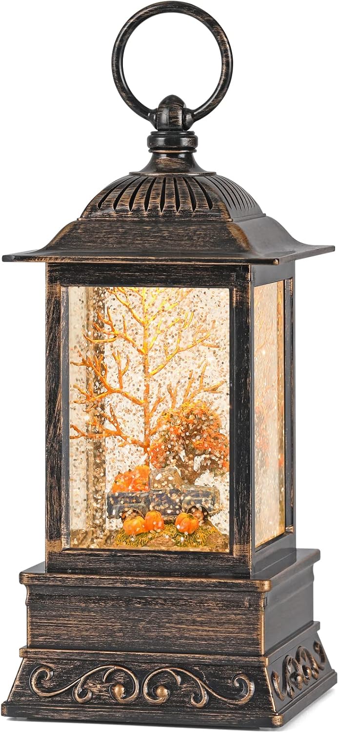 Fall Snow Globe Lantern, Thanksgiving Lighted Lantern, Swirling Glitter Snow Globe for Fall Harvest Day Decorations, Home Fall Decor, Halloween (Truck&Pumpkins)