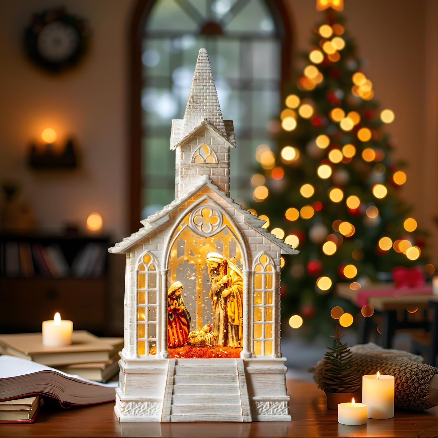 Christmas Snow Globe Lantern Musical Holy Family Lighted Water Church, USB Lined/Battery Operated Lighted Lantern for Christmas Festival Decoration Gifts