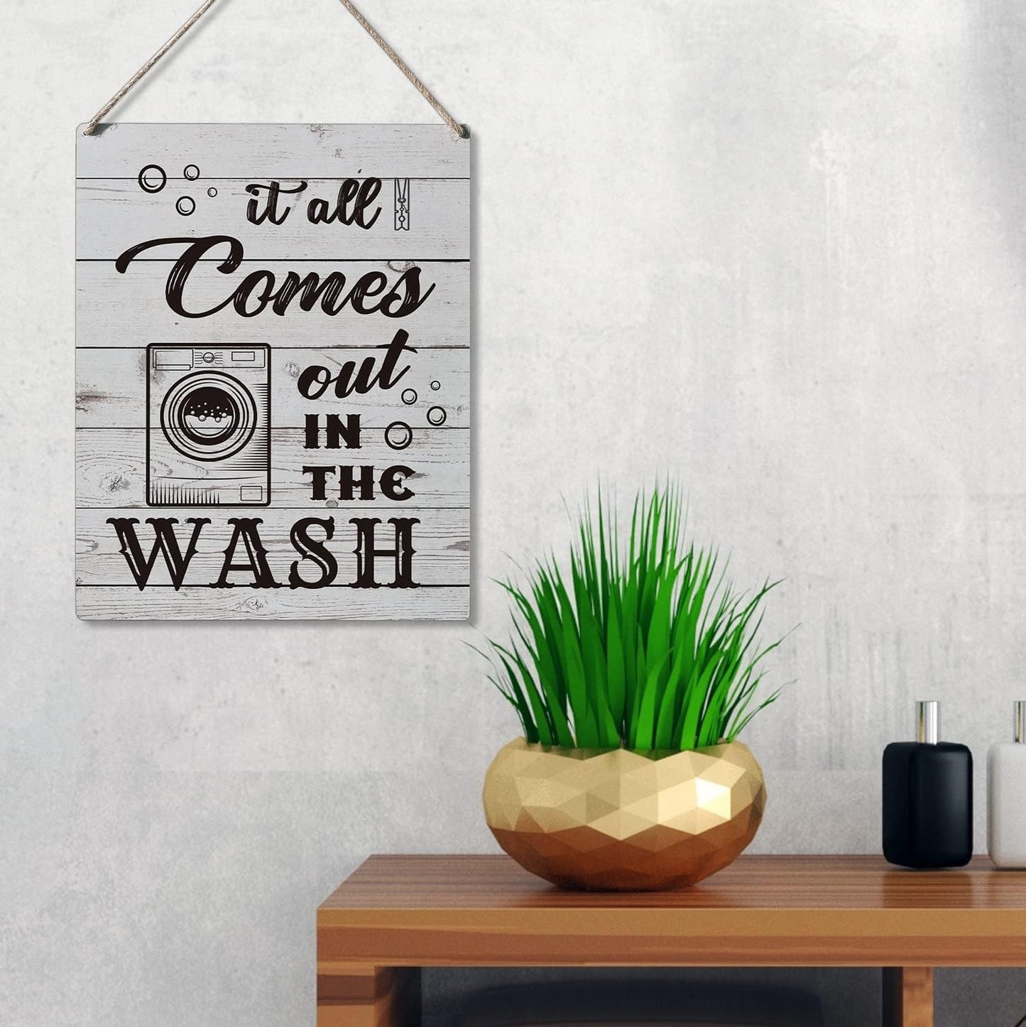 Qious Laundry Sign Gift Farmhouse It All Comes Out in the Wash Wooden Hanging Sign Plaque Rustic Wall Art Decor for Home Laundry Decoration 10 x 8 Inches