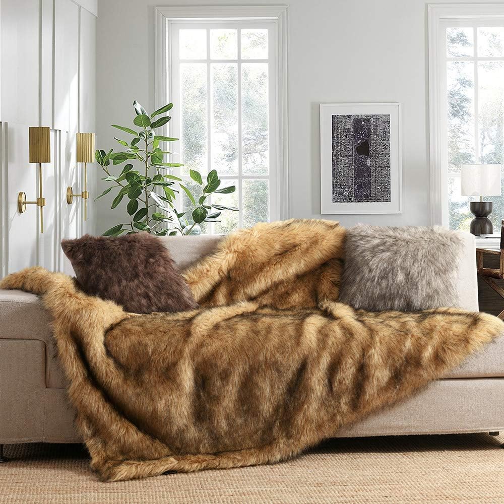 Luxury Plush Faux Fur Blanket King Size, Long Pile Golden Yellow with Black Tips Throw, Oversized Super Warm, Fuzzy, Elegant, Fluffy Shaggy Throw Blanket for Sofa, Armchair, Couch and Bed, 104"x90"