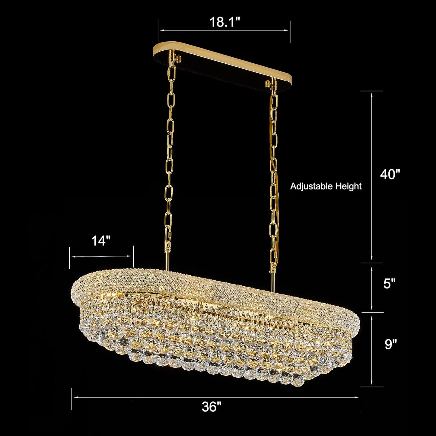 Rectangular Crystal Chandeliers for Dining Room,10 Lights Adjustable Height Oval Crystal Ceiling Light Fixture for Kitchen Island, Gold Finish, L36''