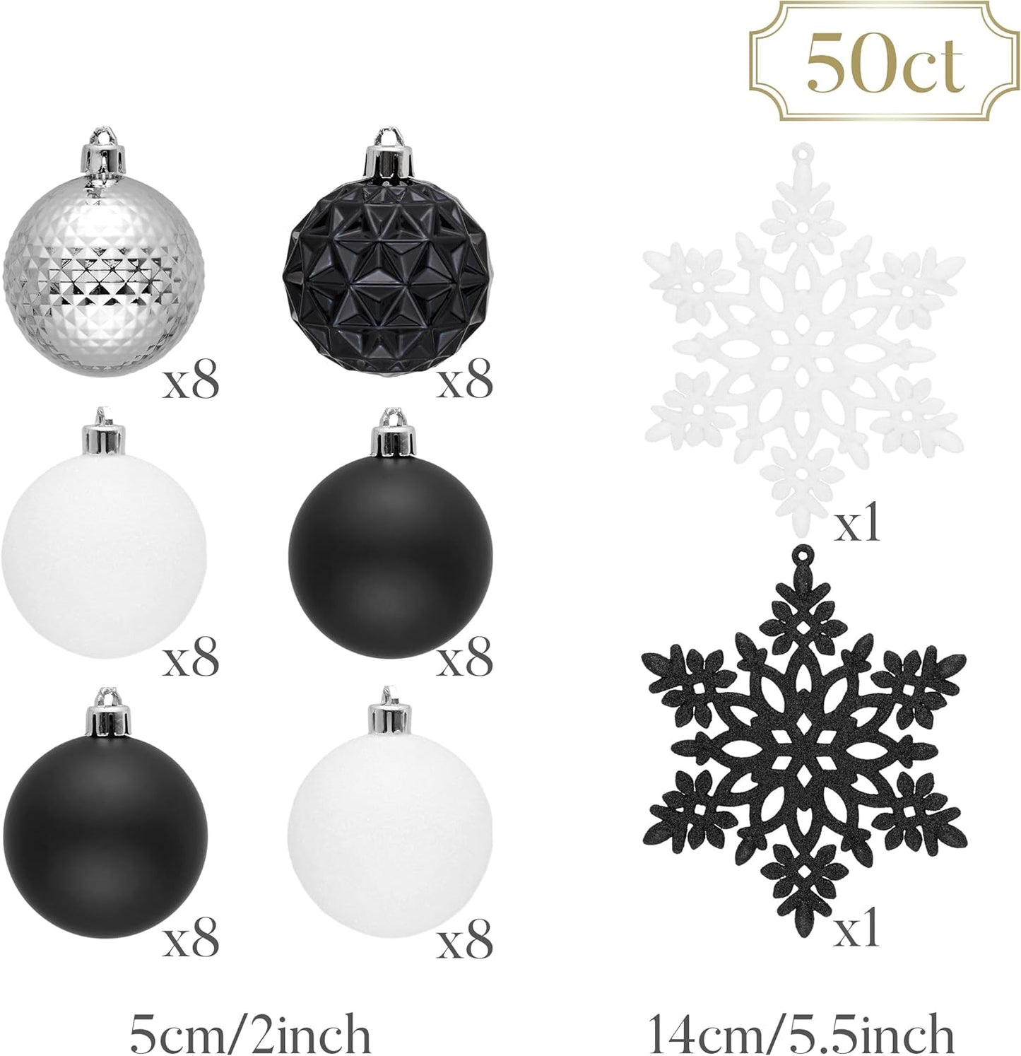 Valery Madelyn Christmas Tree Decorations Ornament Set for Fall Halloween, 50ct 2 Inches Black and White Shatterproof Christmas Ball Ornaments Hanging Xmas Holiday Party Decor