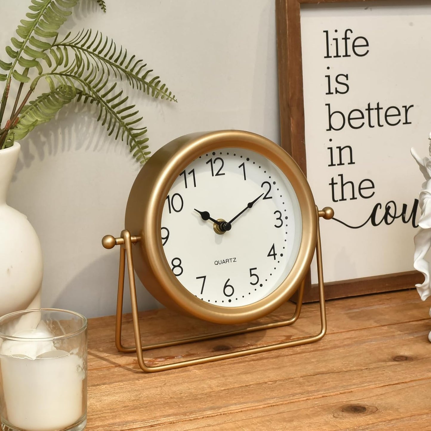 Vintage Golden Table Clock - Elegant Battery Operated Office, Living Room, and Bedroom Clock with Minimalist Design Gold Table Decor 22x19.5x5.5cm