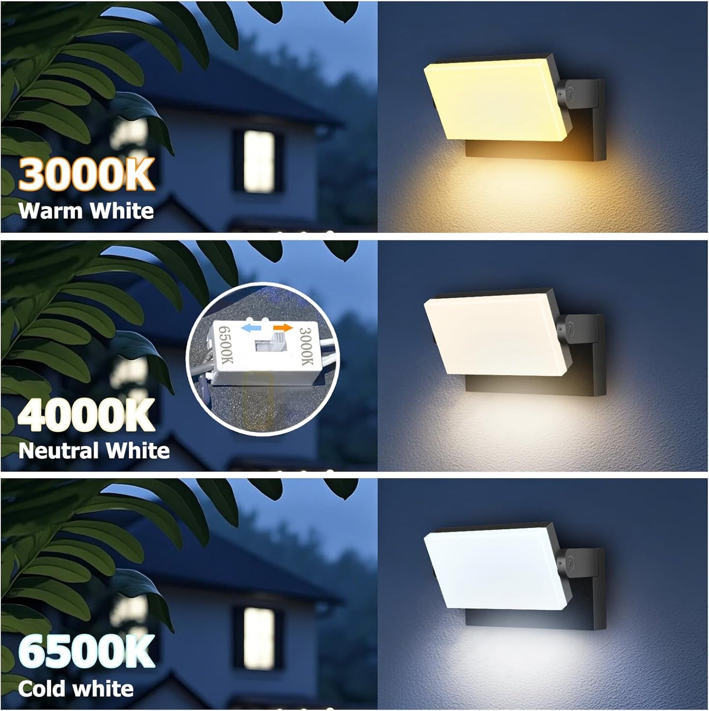 60W LED Outdoor Wall Lights with 360°Rotation, Flood Lights Outdoor 5000K 4000K 3000K 3 Colors Changeable,Outside Sconce Security Lights for Garage Barn Front Porch