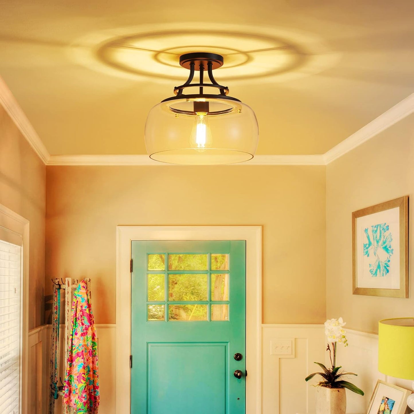 WUZUPS Chandelier Rustic Farmhouse Industrial Round Semi-flushmount Ceiling LED Light Fixture with Clear Glass Shades for Bathroom Kitchen Foyer Entryway, H 11.8" x W 13.4", E26 Base, Black