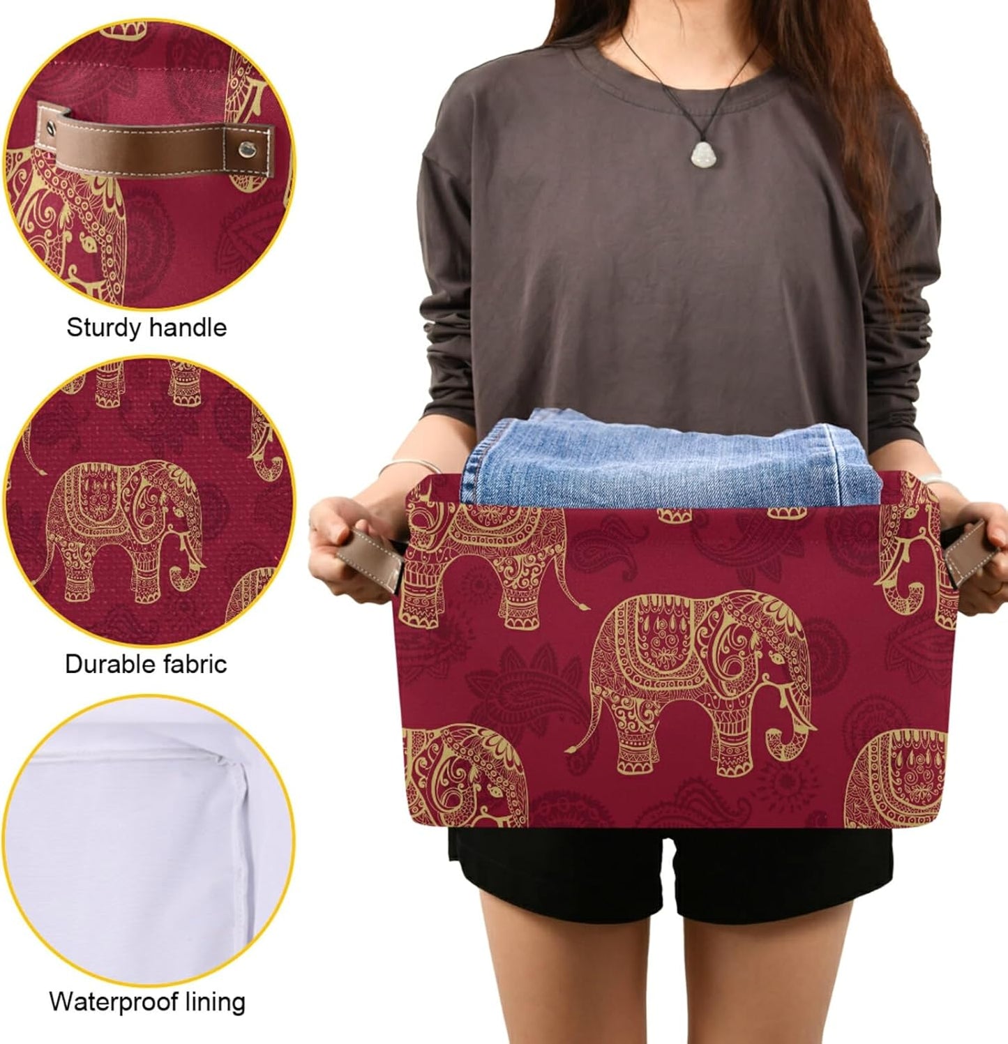 susiyo Foldable Storage Bins Large Collapsible Fabric Storage Baskets with Leather Handles Organizing Box for Shelves Home Bedroom Nursery Office 2 Pack，Indian Tribal Elephants