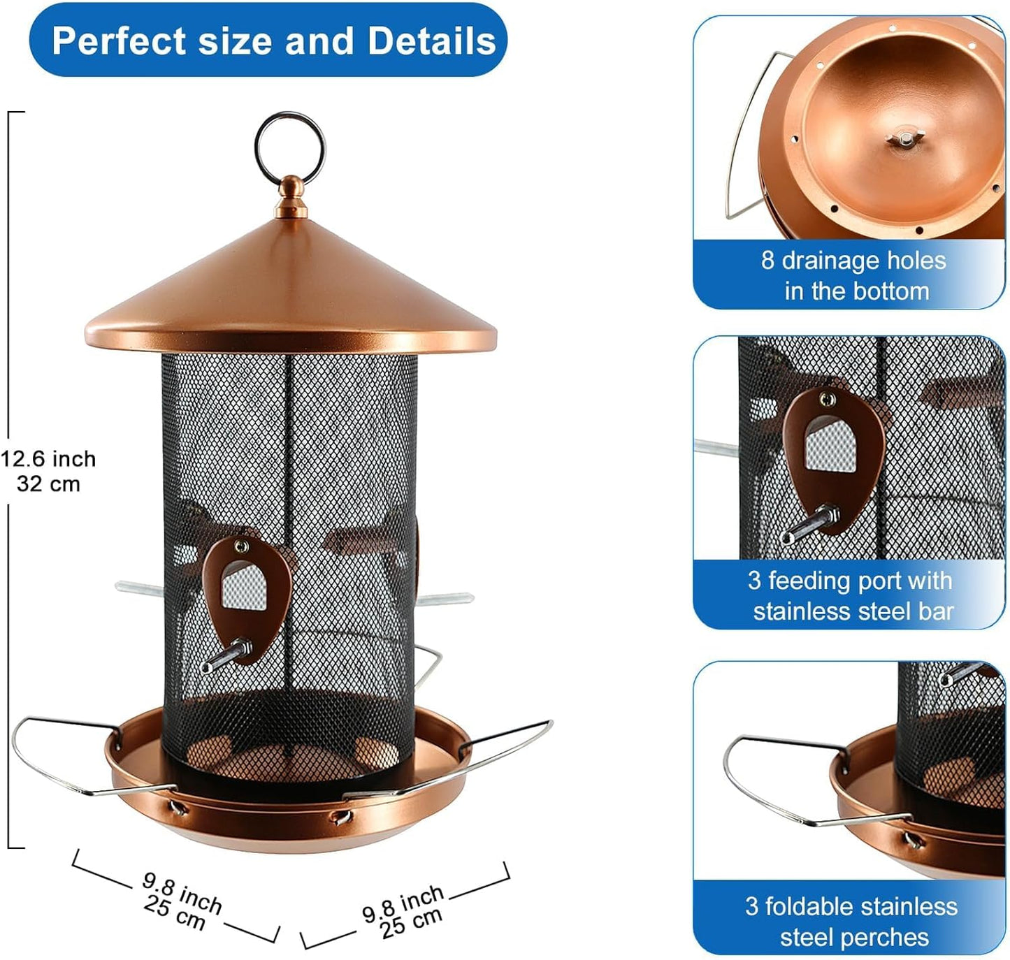 Large Bird Feeders for Outside: 12.6inch Metal for Outdoors Hanging with Copper for Garden Yard Outside Decor Cardinal Finch - Gardening Gifts for Women Men