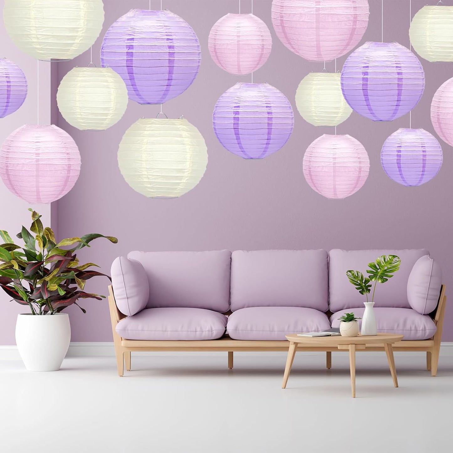 15Pcs Paper Lanterns Decorative, Pink Purple White Hanging Lantern for Mermaid Theme Girl Birthday Party Baby Showers Party Decorations