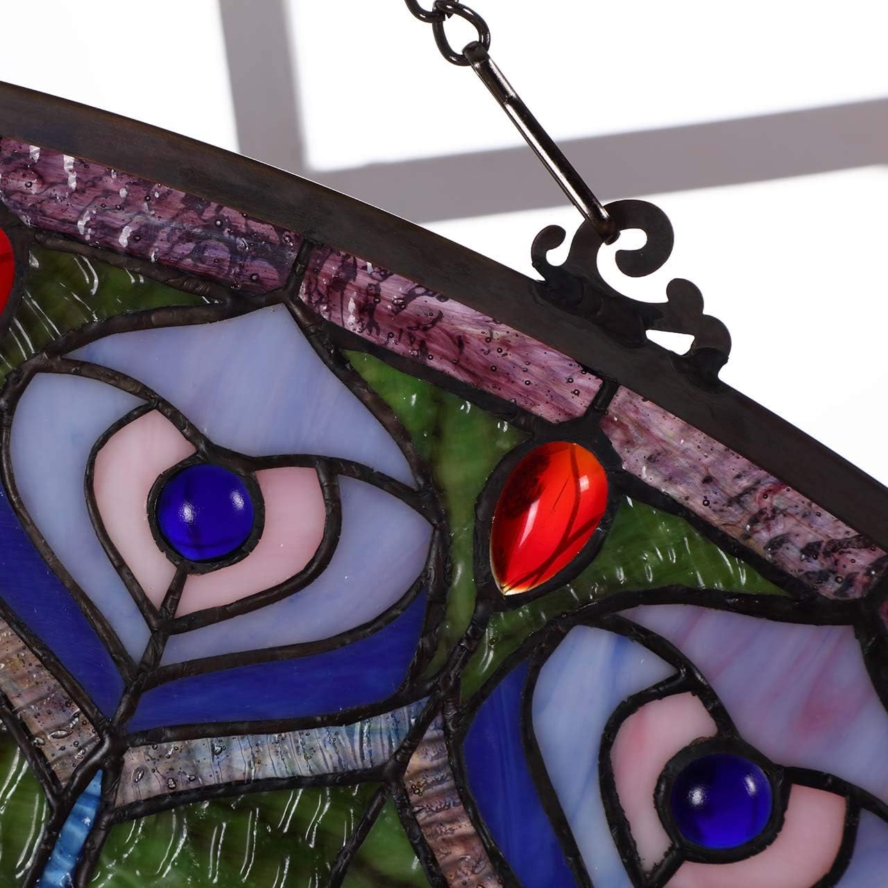 Bieye W10034 Peacock Feather Tiffany Style Stained Glass Window Panel Hangings with Chain, 36 inches Wide Half Round Shape
