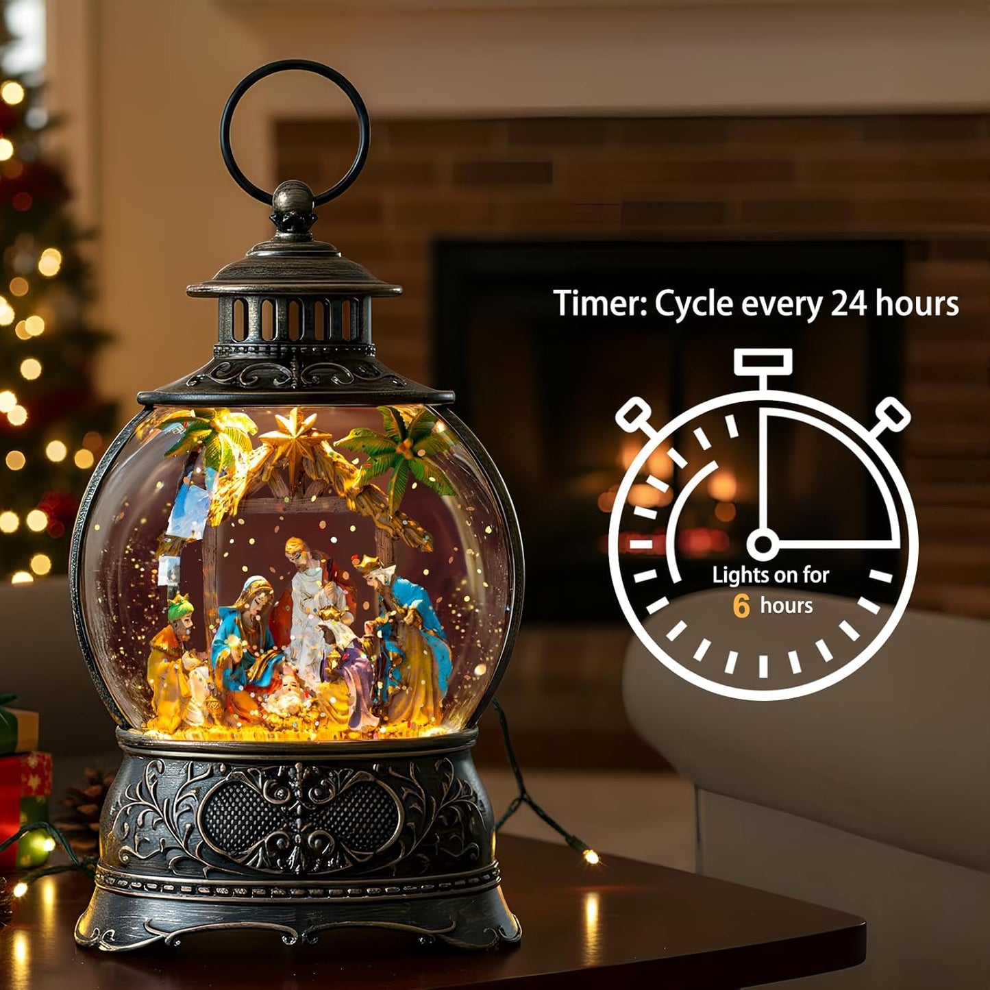Christmas Snow Globes Lantern Christmas Snow Globe with Music Holy Family Nativity Scene,6H Timer,USB Lined/Battery Operated Lighted Lantern for Christmas Festival Decoration Gifts