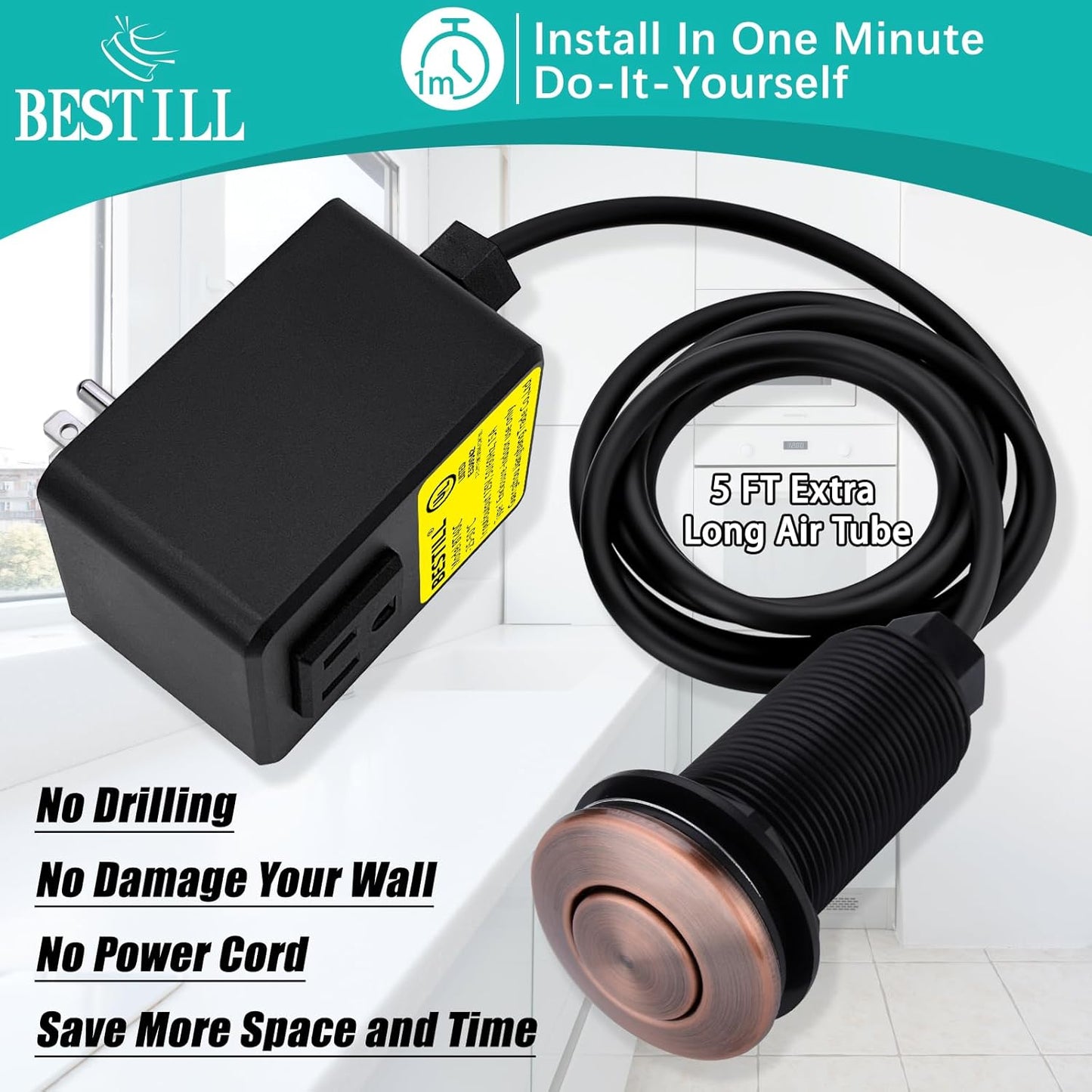 BESTILL Garbage Disposal Air Switch Kit - UL Listed, Cordless Sink Top Switch Button for Waste Disposer, Long Push Button with Brass Cover, Antique Copper, Compatible with all Garbage Disposals