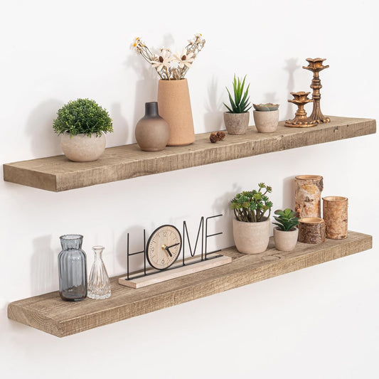 Floating Shelves Reclaimed Barnwood, 8" Deep Solid Wood Floating Shelf Wall Hanging Shelves with Invisible Heavy-Duty Metal Bracket | Wall Mounted | Farmhouse Style | 40 inches,2PCS,Natural