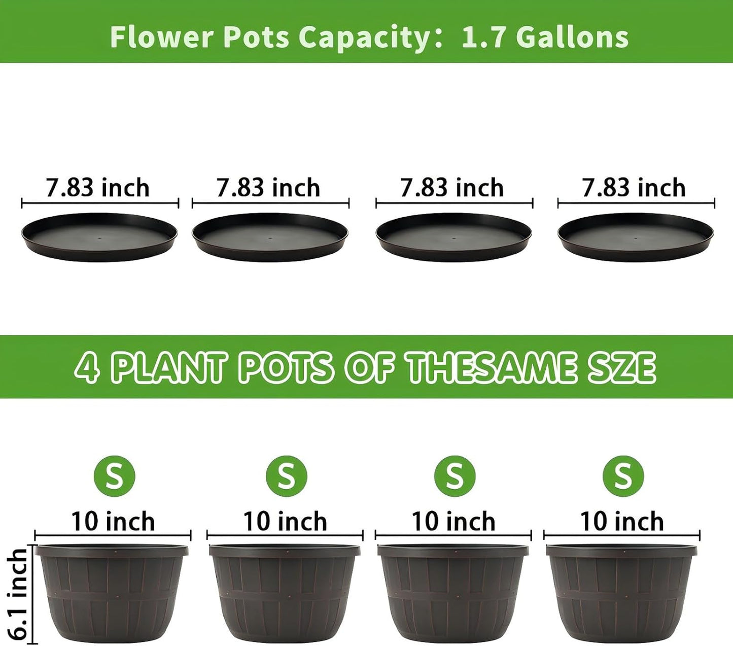 Quarut 10 inch Plastic Flower Pots for Outdoor Plants，4 Pack Large Outdoor Planter Pot with Drainage Holes & Saucers，Imitation Wine Barrel Design，for Indoor Outdoor Garden Plants（Brown）
