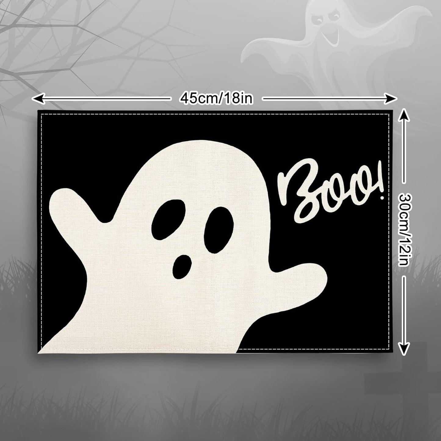 Halloween Ghost Placemats Black Cute Ghost Boo Table Mats 12 x 18 Inch Trick or Treat Kitchen Place Mats for Party Home Dining Table Decoration, Set of 4