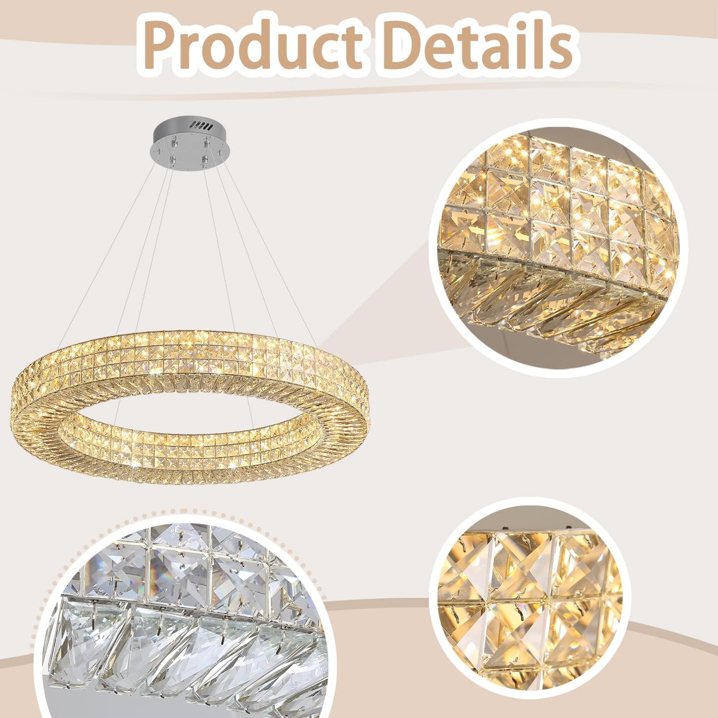 Dia 24" Modern Crystal Chandelier Silver Ring Chandelier Adjustable Height Luxury Crystal Pendant Ceiling Light Fixture for Dining Living Room Bedroom