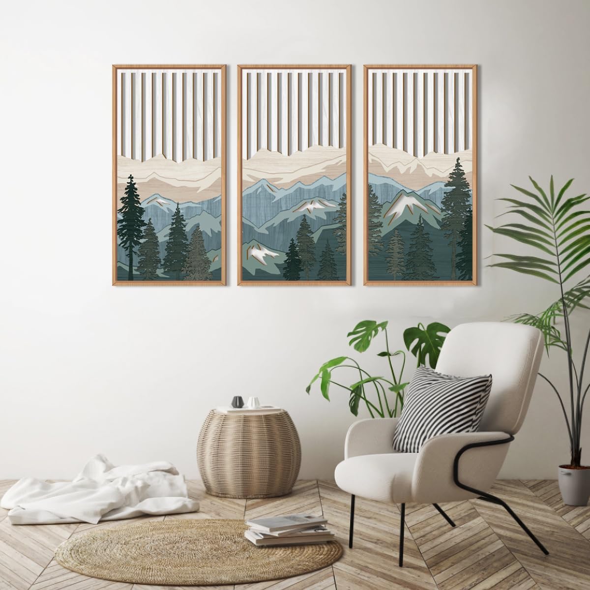 IARTTOP Large Mountain Wood Wall Art Framed Decor Set Of 3, Modern Mountain Landscape Wall Art Nature Artwork Wall Decor For Bedroom, Living room, Office-16 x32