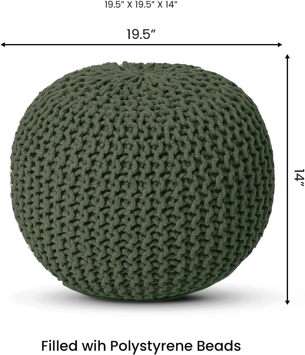 REDEARTH Round Hand Knitted Pouf - Foot Stool Bean Bag Ottoman - Cord Boho Pouffe - Poof Accent Beanbag Footrest for Living Room - Bedroom - Patio - Lounge (19.5"x19.5"x14") - Olive