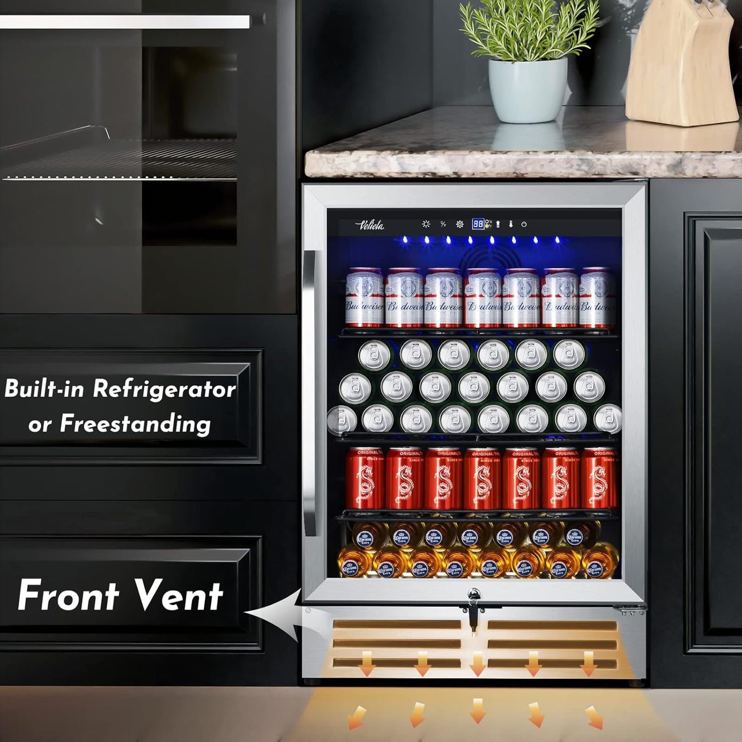 24 Inch Beverage Refrigerator Cooler,210 Cans Wide Beverage and Beer Fridge with Glass Door and Powerful Cooling Compressor, Built-in/Freestanding Drink Fridge for Kitchen, Bar or Office
