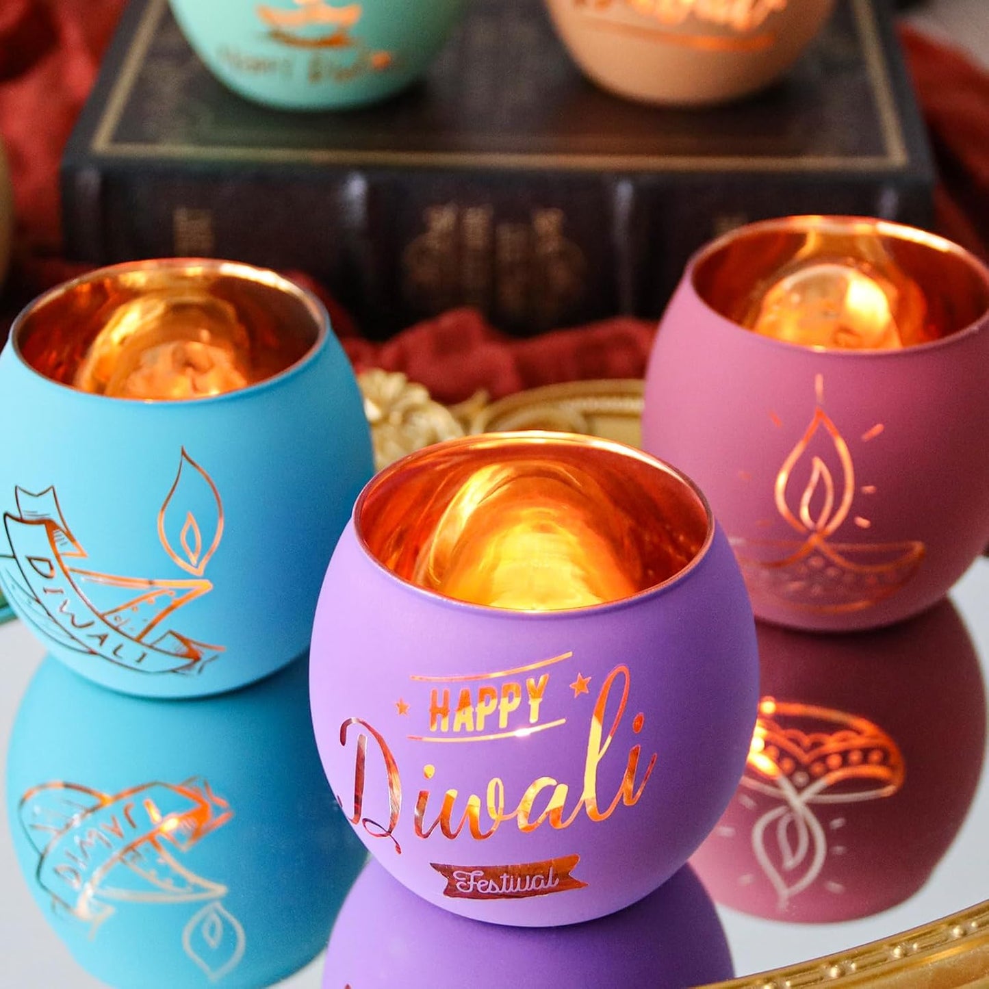 SHMILMH Diwali Gifts 6 PCS Happy Diwali Decorations for Home, Colorful Glass Tealight Votive Candle Holder for Party, Table Centerpiece Deco