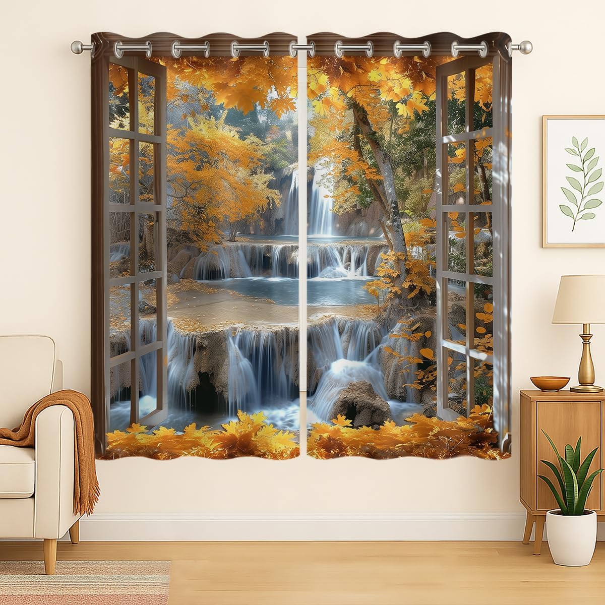 Landscape Blackout Curtains for Girls Boys Teens Home Decor, Nature 3D Autumn Fall Forest Maples Grommet Thermal Insulated Drapes Darkening Window Curtain for Bedroom Living Room, 72 x 63 Inch