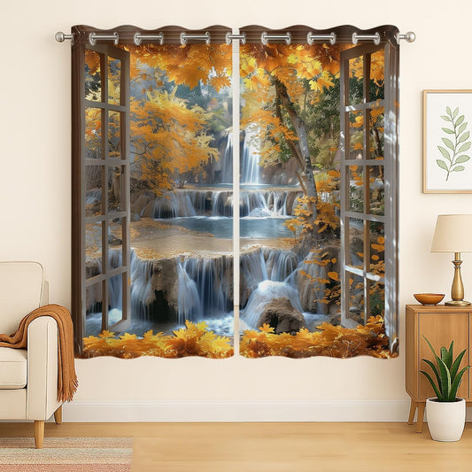 Landscape Blackout Curtains for Girls Boys Teens Home Decor, Nature 3D Autumn Fall Forest Maples Grommet Thermal Insulated Drapes Darkening Window Curtain for Bedroom Living Room, 42 x 45 Inch