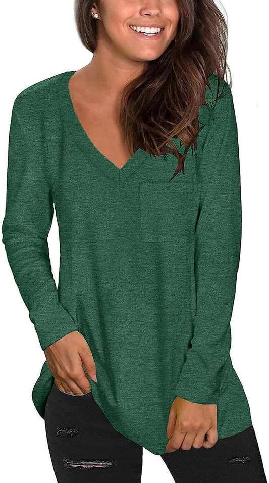 Tobrief Women's Long Sleeve V-Neck Shirts Fall Graphic Tees Loose Casual T-Shirt