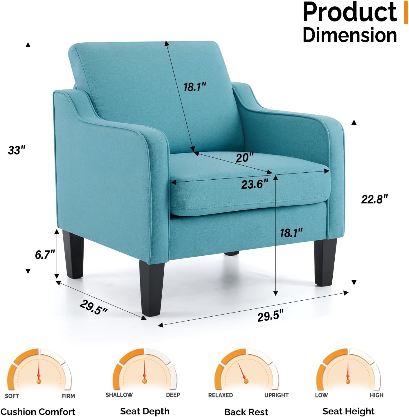 VINGLI Accent Chairs for Living Room Mid Century Modern Chair Sofa Chair Upholstered Arm Chair with Scooped Arms for Bedroom, Apartment, Office, Studio, Waiting Room, Play Room