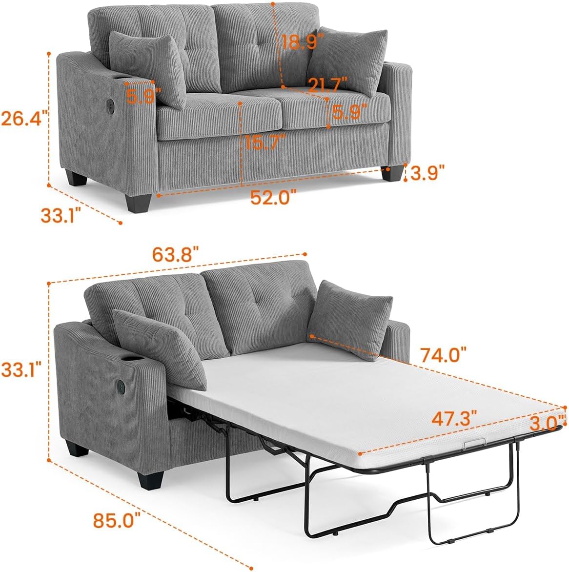 CHIC HOUSE Pull Out Sofa Bed, Full Size Sleeper Sofa, 2-in-1 Convertible Corduroy Couch with USB Charging, Memory Form Couch for Living Room, Apartment and Small Space (Grey, Corduroy - Full Size)