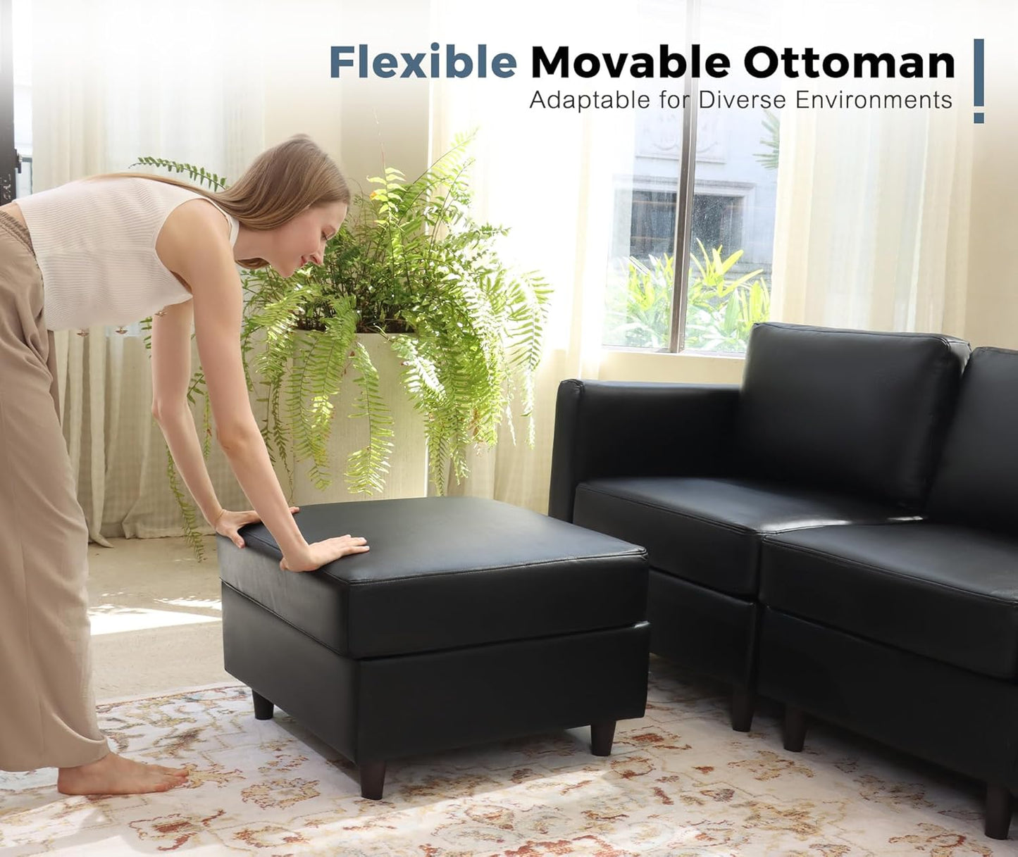 ABCASA 64.6" Faux Leather Loveseat Sleeper Sofa Bed with Storage Seat, Modern Modular Sectional Couch Deep Seat with Reversible Chaise 2-Seat Black for Apartment, Living Room, Bedroom