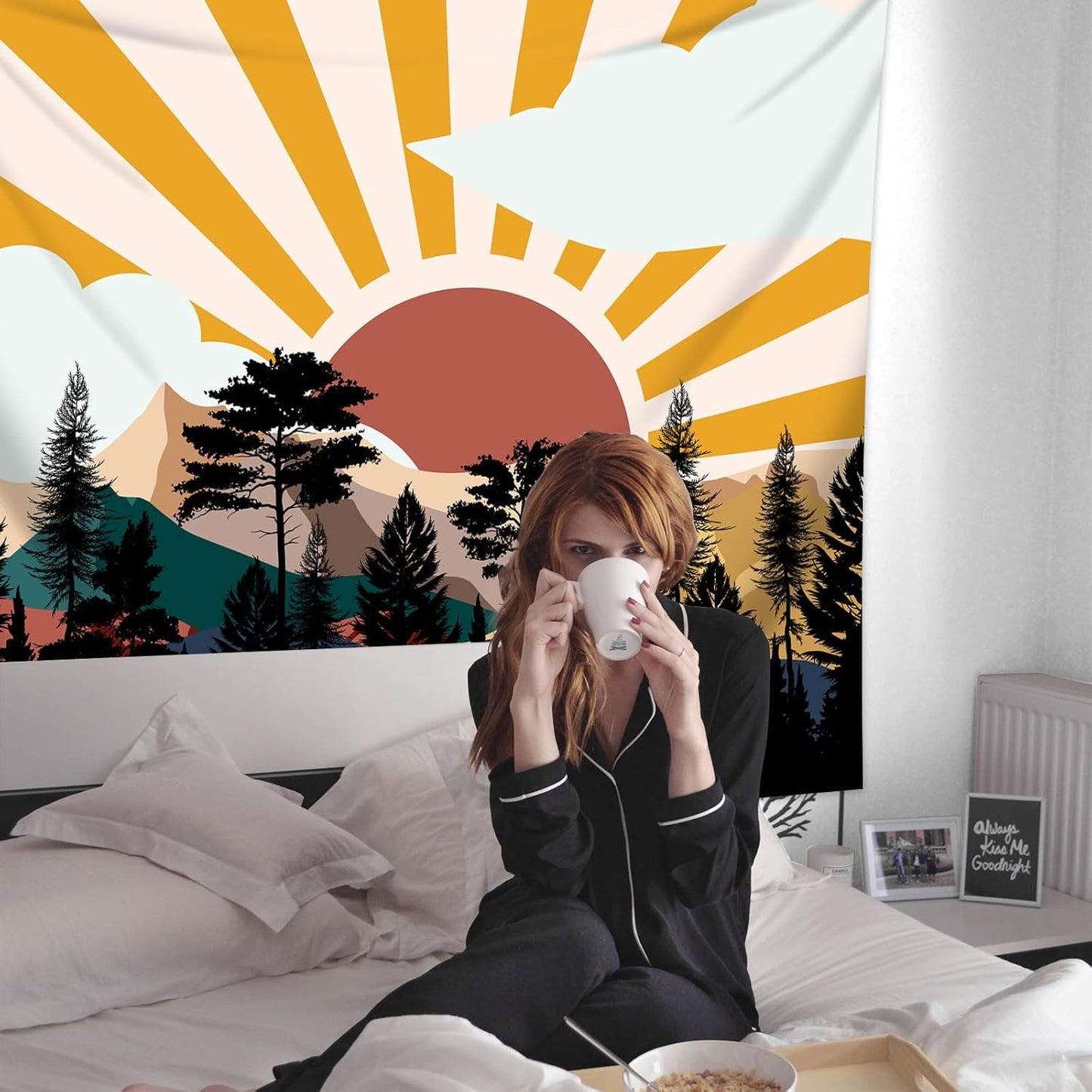 dueeia Boho Sun Tapestry Wall Hanging Abstract Mountain Tree Forest Sunset Sunrise Wall Tapestries for Mens Bedroom Living Room Wall Decor (28.7"x37.4")