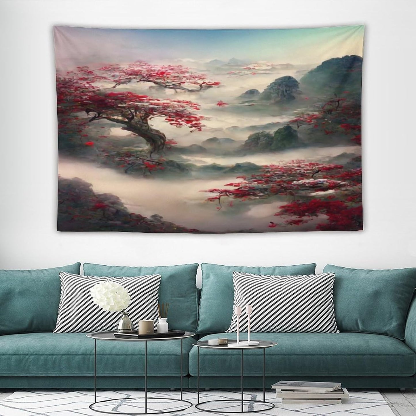 Japanese Tapestry, Red Plum Cherry Blossom Mountain Tapestry, Asian Japanese Wall Tapestry, Nature Landscape Tapestries for Bedroom Living Room Decor 90"x60"